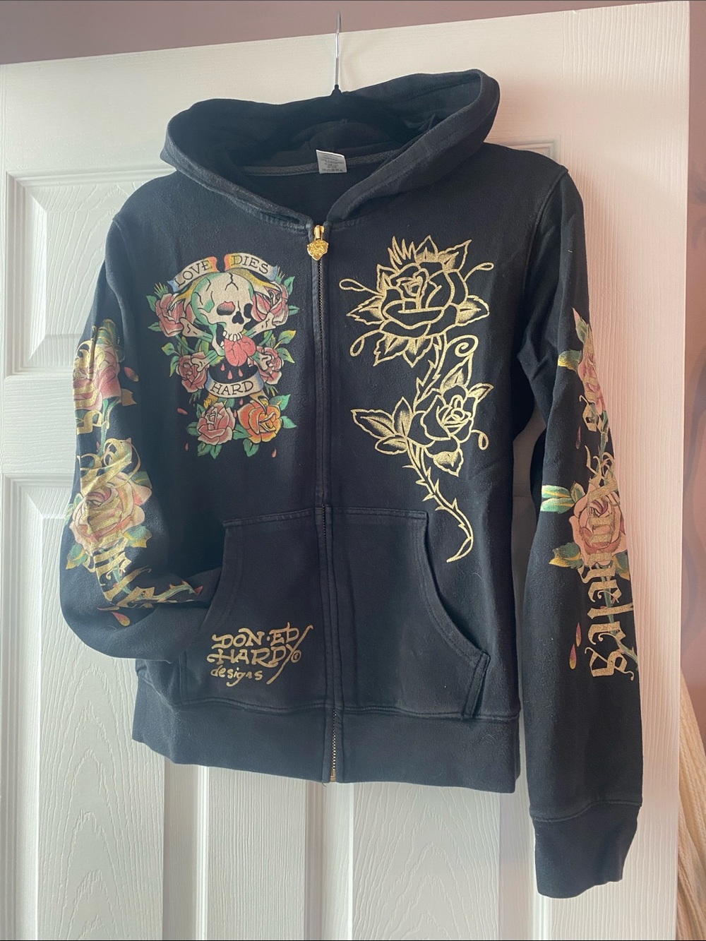 Ed Hardy Black Hoodie with Gold Rose & Multicolor Skull Artwork